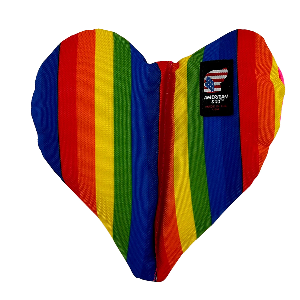 Rainbow striped heart shaped dog toy with an American Dog brand tag
