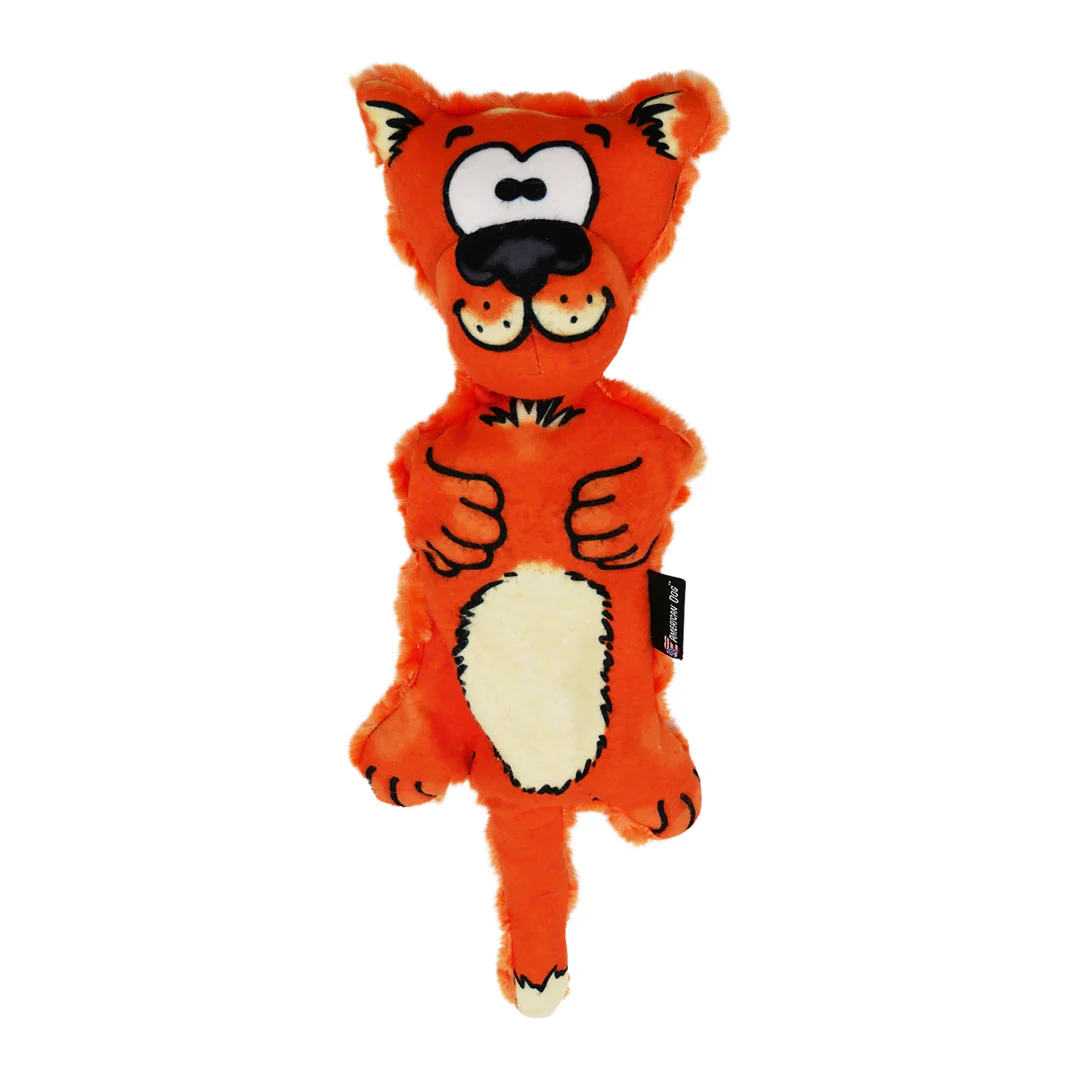 Orange plush cat toy with large eyes and a black nose