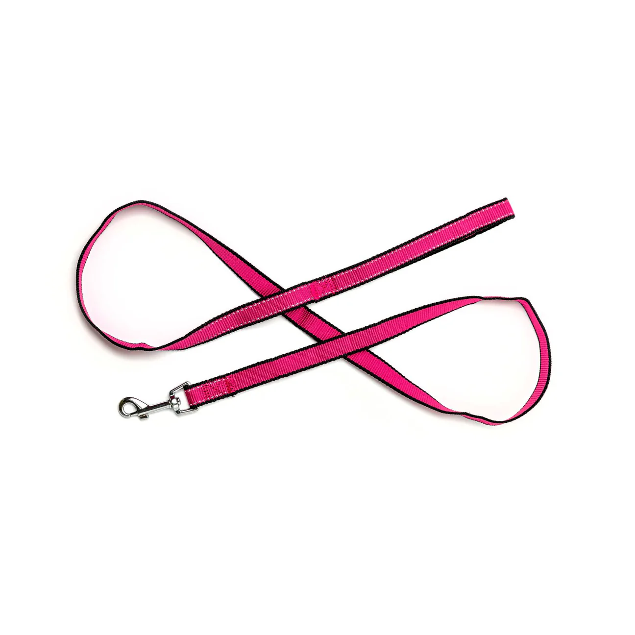 Pink dog leash with black trim and silver metal clasp