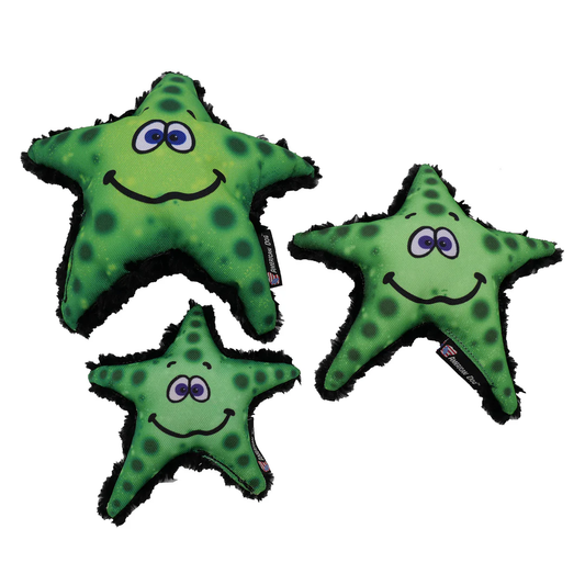 Three green starfish dog toys with black spots and smiling faces
