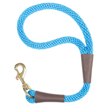 Blue rope dog leash with a brass snap hook and brown leather accents