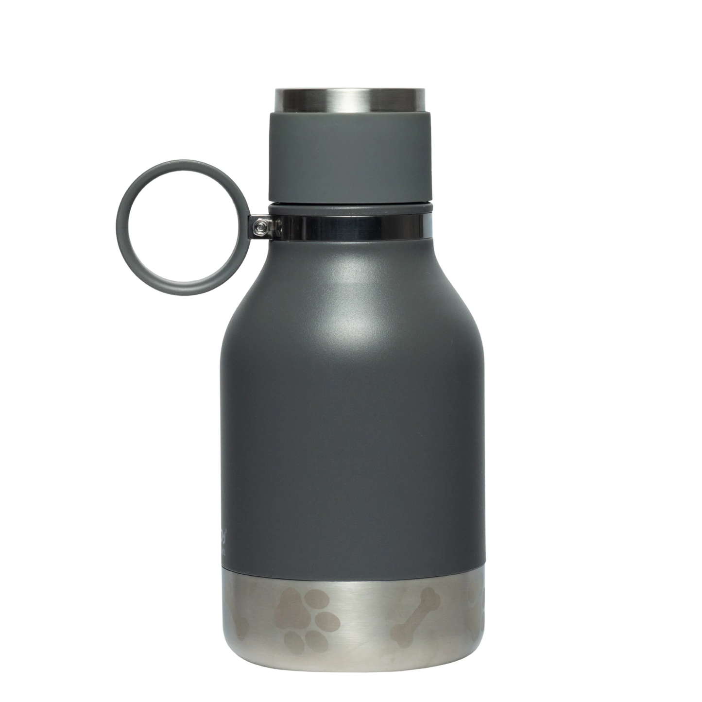 Gray dog water bottle with a silver base and a paw print and bone design