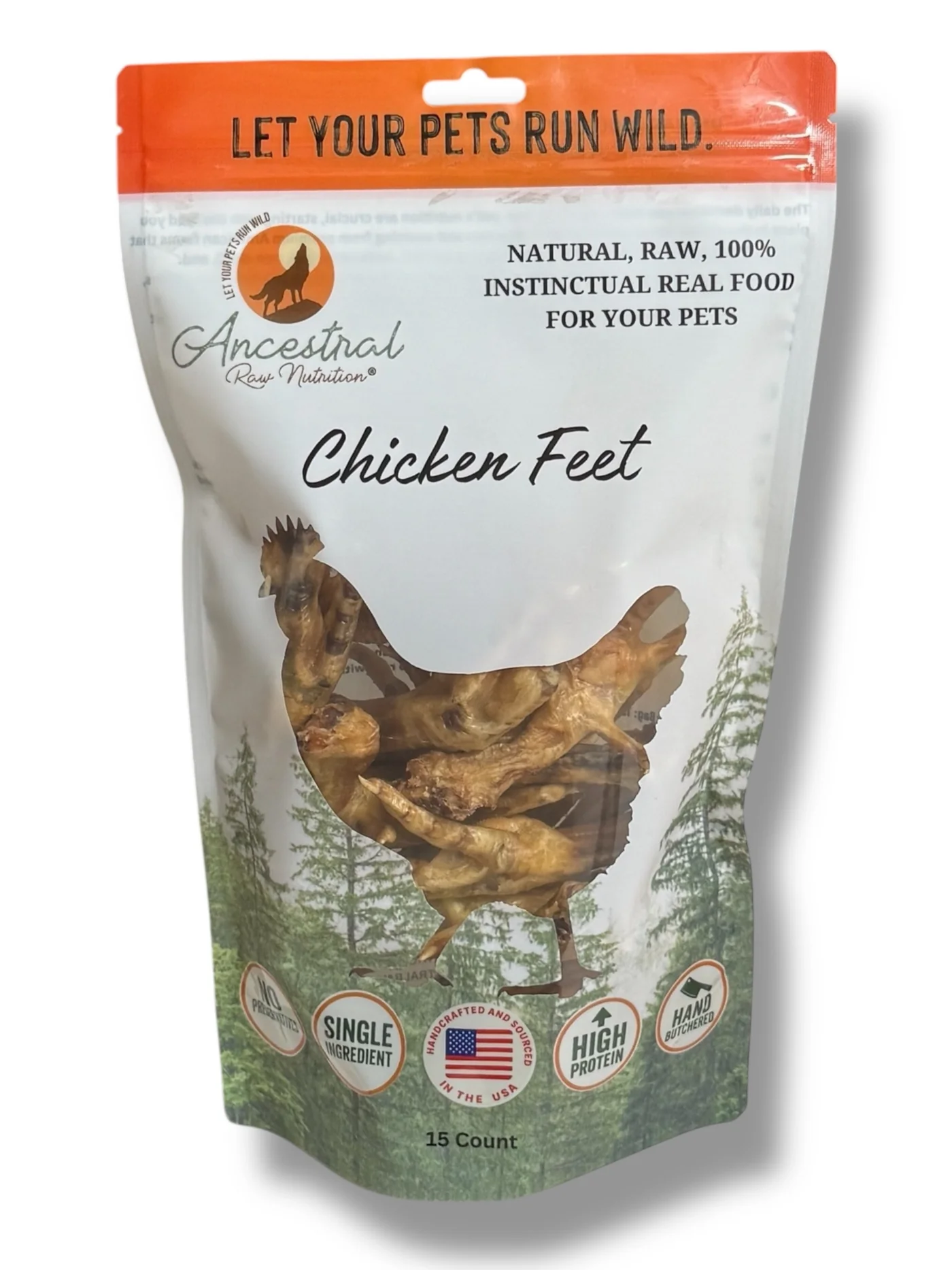 Ancestral Raw Dehydrated Chicken Foot pet treats in a bag with a chicken-shaped window