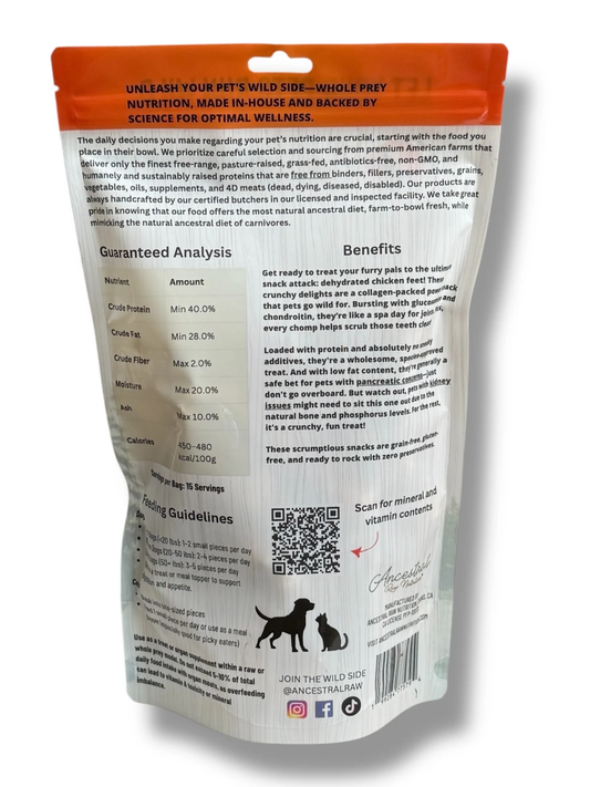 Ancestral Raw Nutrition pet food packaging with guaranteed analysis and feeding guidelines