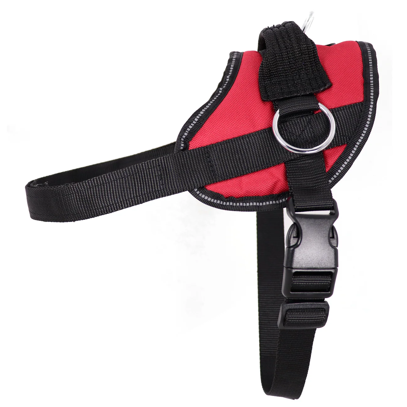 Red and black dog harness with reflective trim and metal D-ring