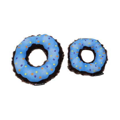 Two American Dog blue donut dog toys with sprinkles, one large and one small