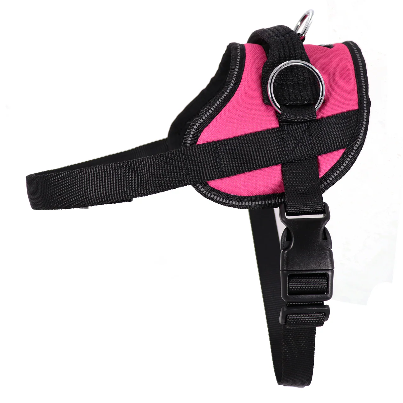 Pink and black dog harness with reflective trim and metal D-ring