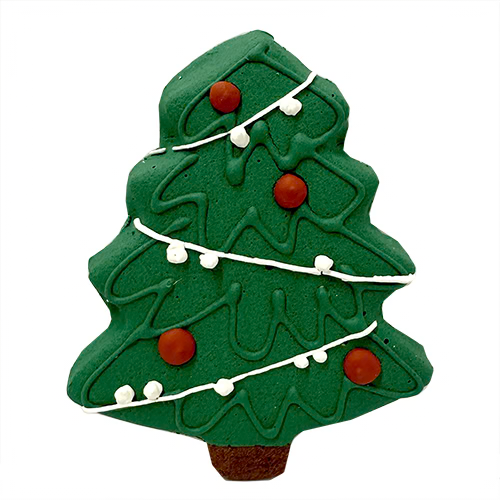 Bubba Rose Biscuit Co Christmas Tree dog treat with green icing red ornaments and white string lights