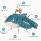Blue whale dog toy with eco-friendly jute rope, soy faux fur, recycled water bottle fill, non-toxic cotton canvas