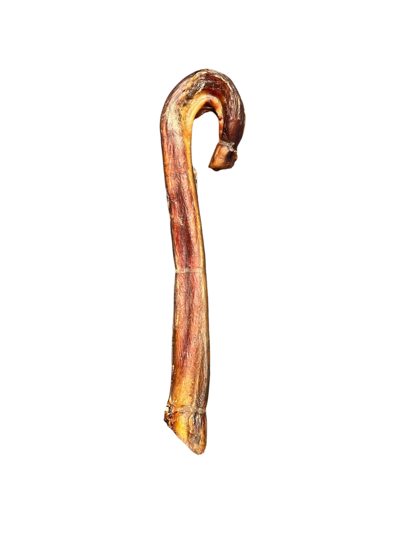 A brown, curved dog chew shaped like a candy cane