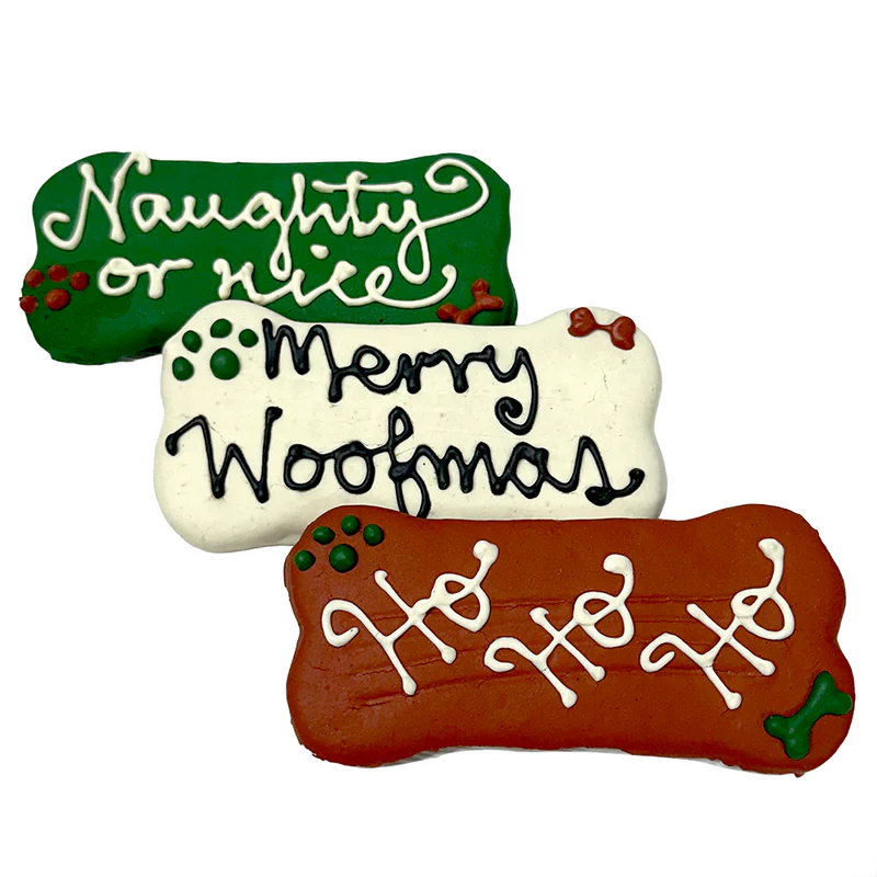 Bubba Rose Biscuit Co Holiday Bones Winter dog treats with festive icing text