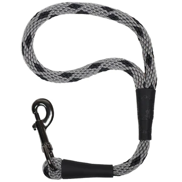 Gray and black braided rope dog leash with a black metal snap hook