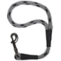Gray and black braided rope dog leash with a black metal snap hook