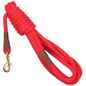 Red dog leash with a brass clip and brown leather accents