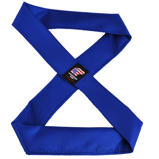 Blue American Dog figure-eight leash with a black label featuring an American flag and text