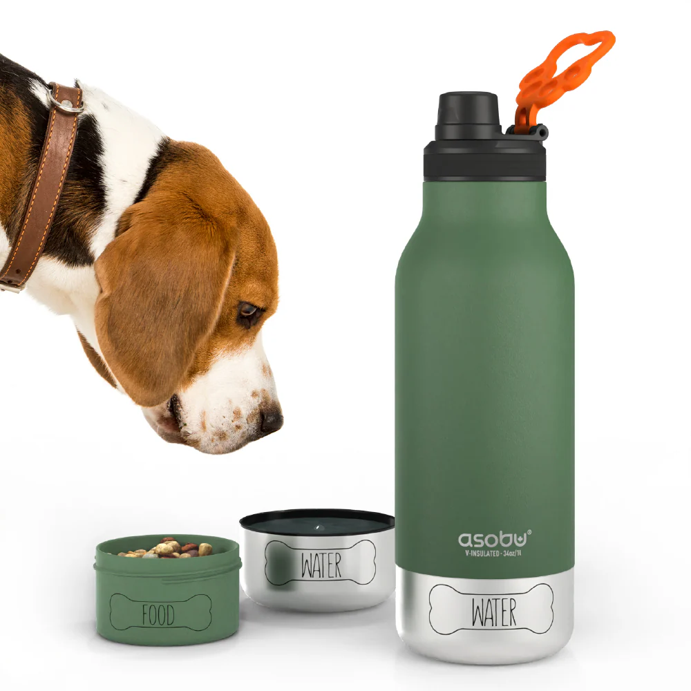Asobu Barky Bottle with a beagle looking at the detachable food and water bowls