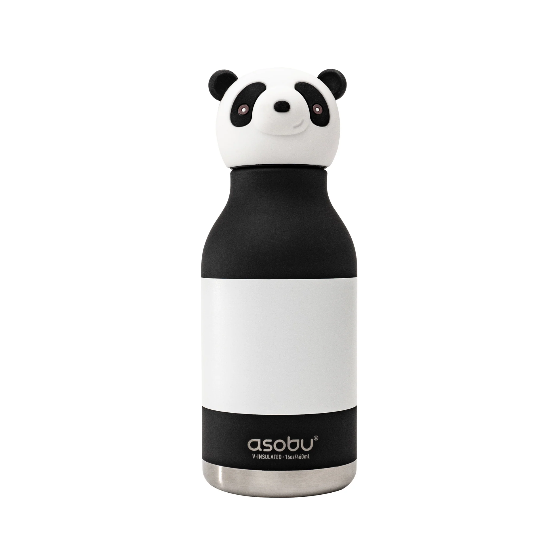 Asobu Panda water bottle, black and white with a panda head shaped lid