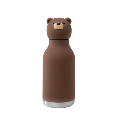 Brown bear water bottle with a silver base