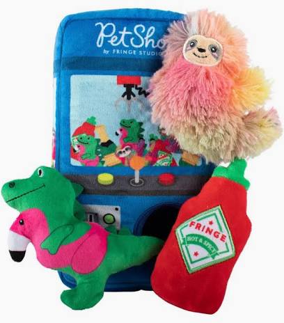 PetShop by Fringe Studio plush toy set with a blue vending machine, a colorful sloth, a green dinosaur with a pink flamingo, and a red hot sauce bottle