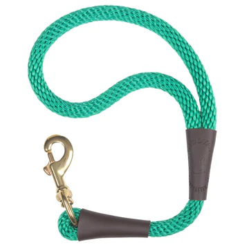 Green rope dog leash with a brass snap hook and brown leather accents