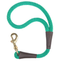 Green rope dog leash with a brass snap hook and brown leather accents