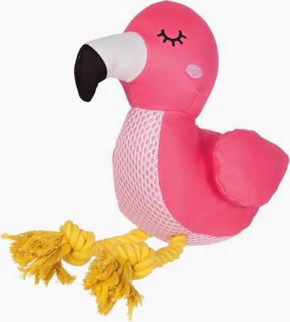 Pink flamingo dog toy with yellow rope legs