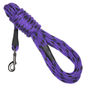Purple and black patterned dog leash with a silver metal clip