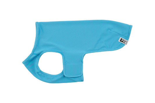 RC Pet Products Zephyr Cooling Vest in blue, with a small black and white brand tag