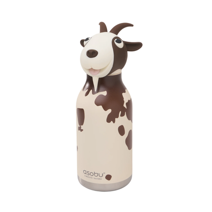 Asobu insulated water bottle shaped like a goat, with a brown and cream spotted pattern