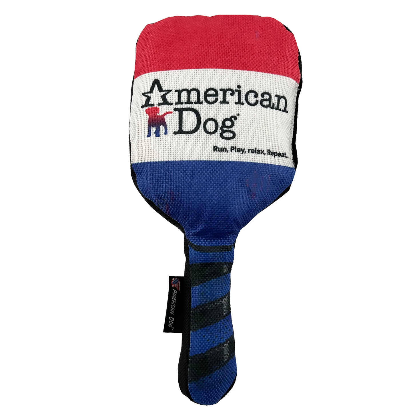 American Dog paddle toy in red, white, and blue with black stripes on the handle