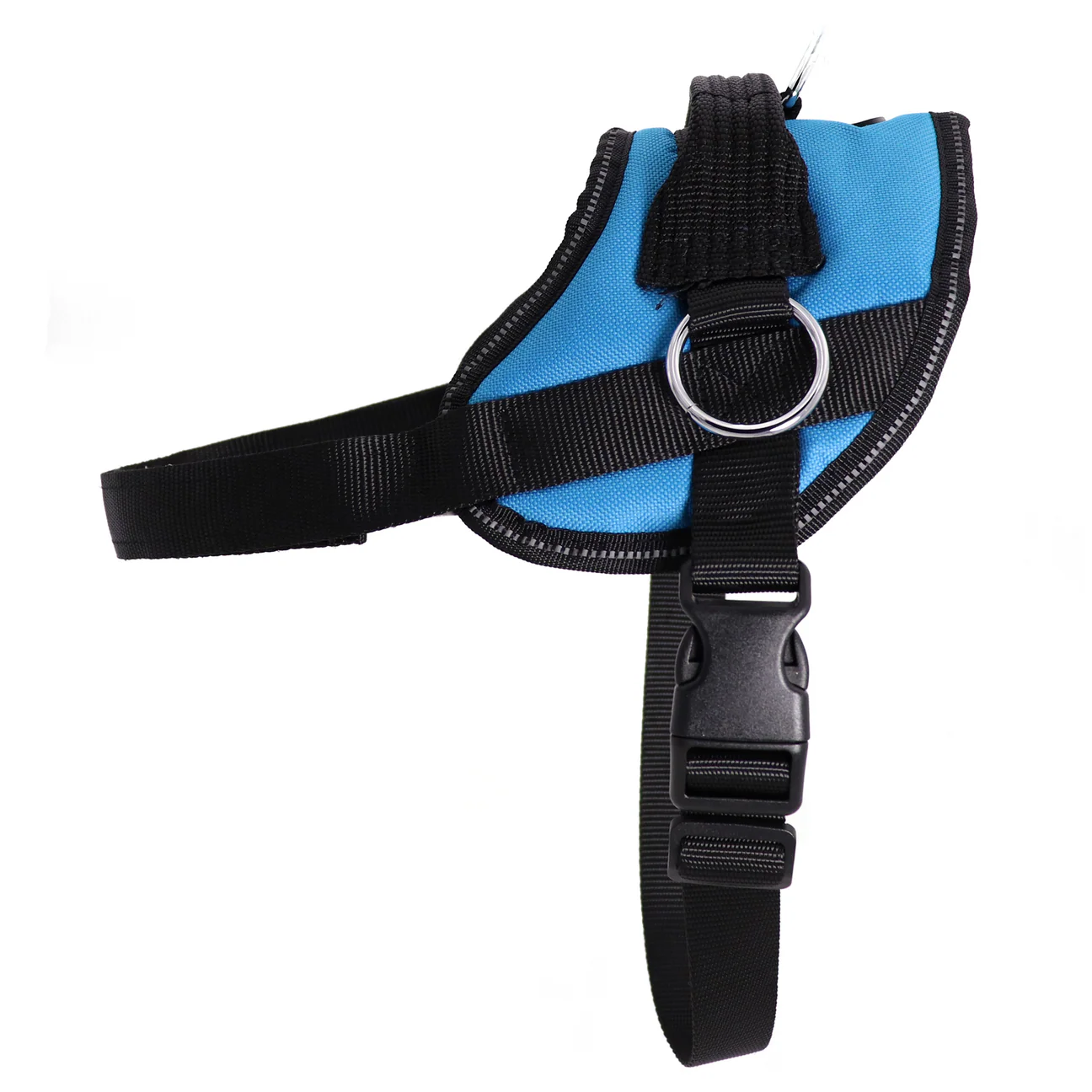 Blue dog harness with black straps and a silver D-ring