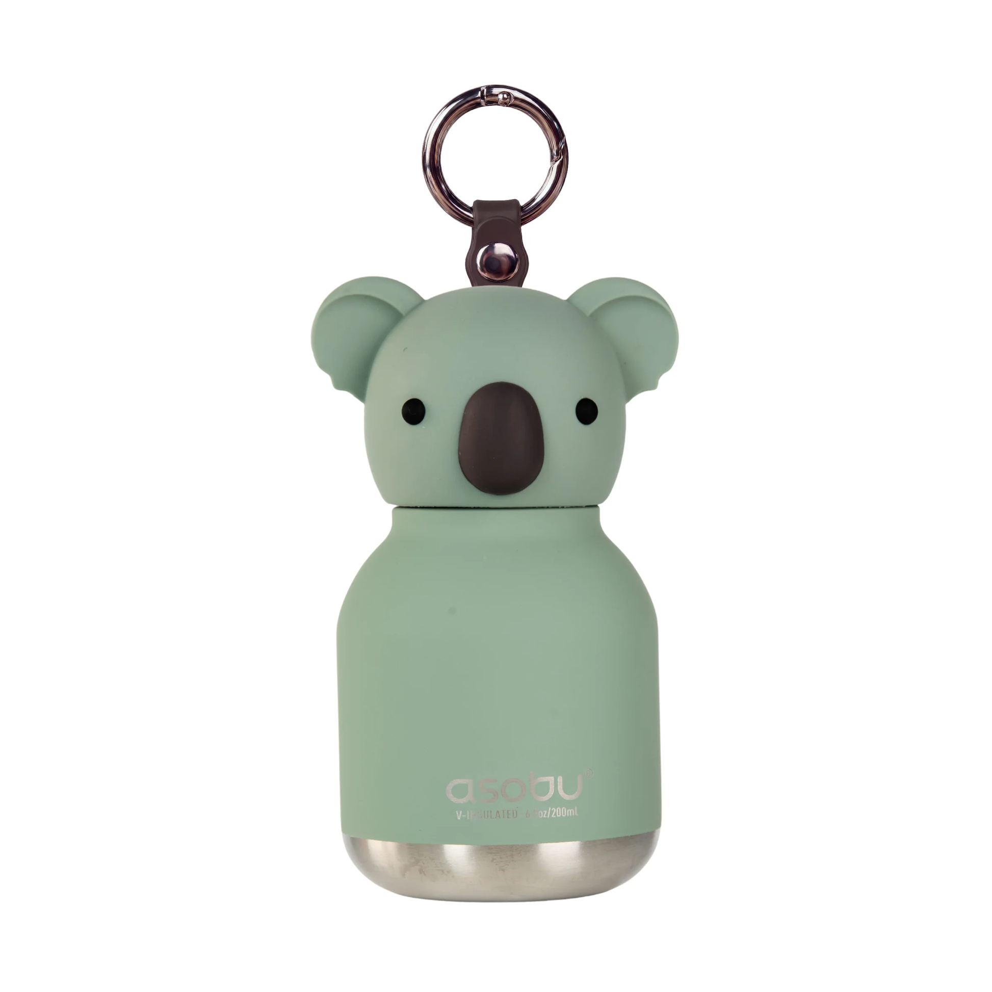 Asobu Koala Mini Insulated Bottle in light green with a silver base and a keychain clip