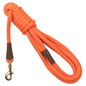 Orange dog leash with a brass clip and brown leather accents