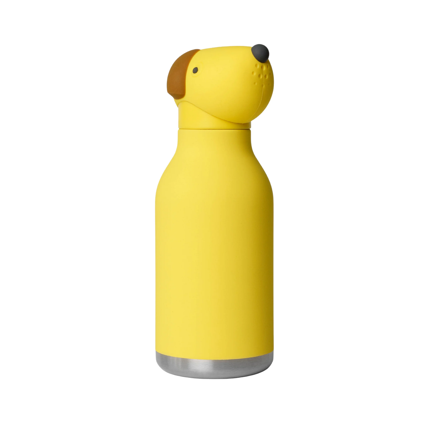 Yellow water bottle with a dog head shaped lid, brown ears, black eyes, and a black nose