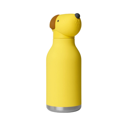 Yellow water bottle with a dog head shaped lid, brown ears, black eyes, and a black nose