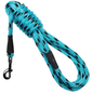 Blue and black patterned dog leash with a metal clip