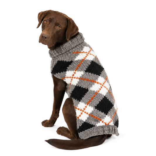 Chilly Dog Alpaca Argyle Dog Sweater on a brown dog