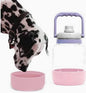 Dalmatian dog drinking from a pink Asobu Barkley 50oz water bottle with detachable bowl