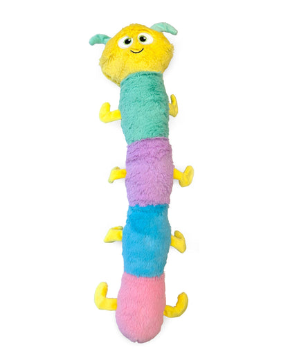 Thoozy Multi-Squeaker Caterpillar Plush Dog Toy 21" in yellow, green, purple, blue, and pink