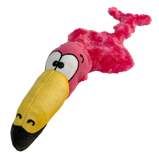 Pink flamingo dog toy with a long yellow beak and black tip