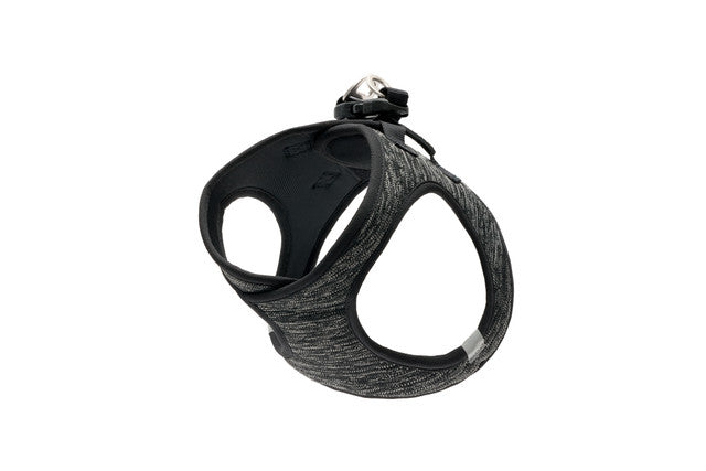 Black and grey dog harness with a metal D-ring on top