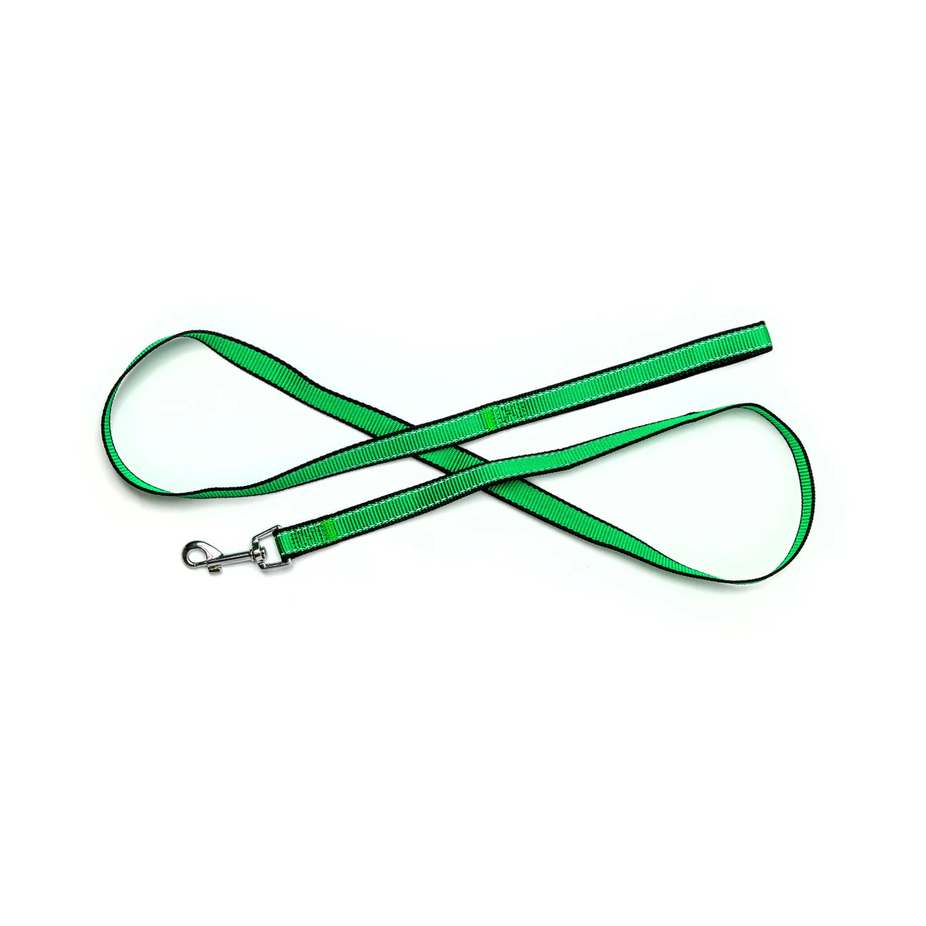 Green pet leash with a silver metal clasp on a white background