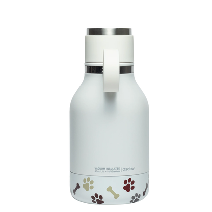 Asobu Dog Bowl Bottle in white with paw prints and bones