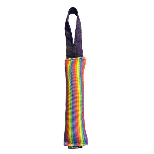 American Dog Rainbow/Pride Collection dog toy, a rainbow striped tug toy with a black handle