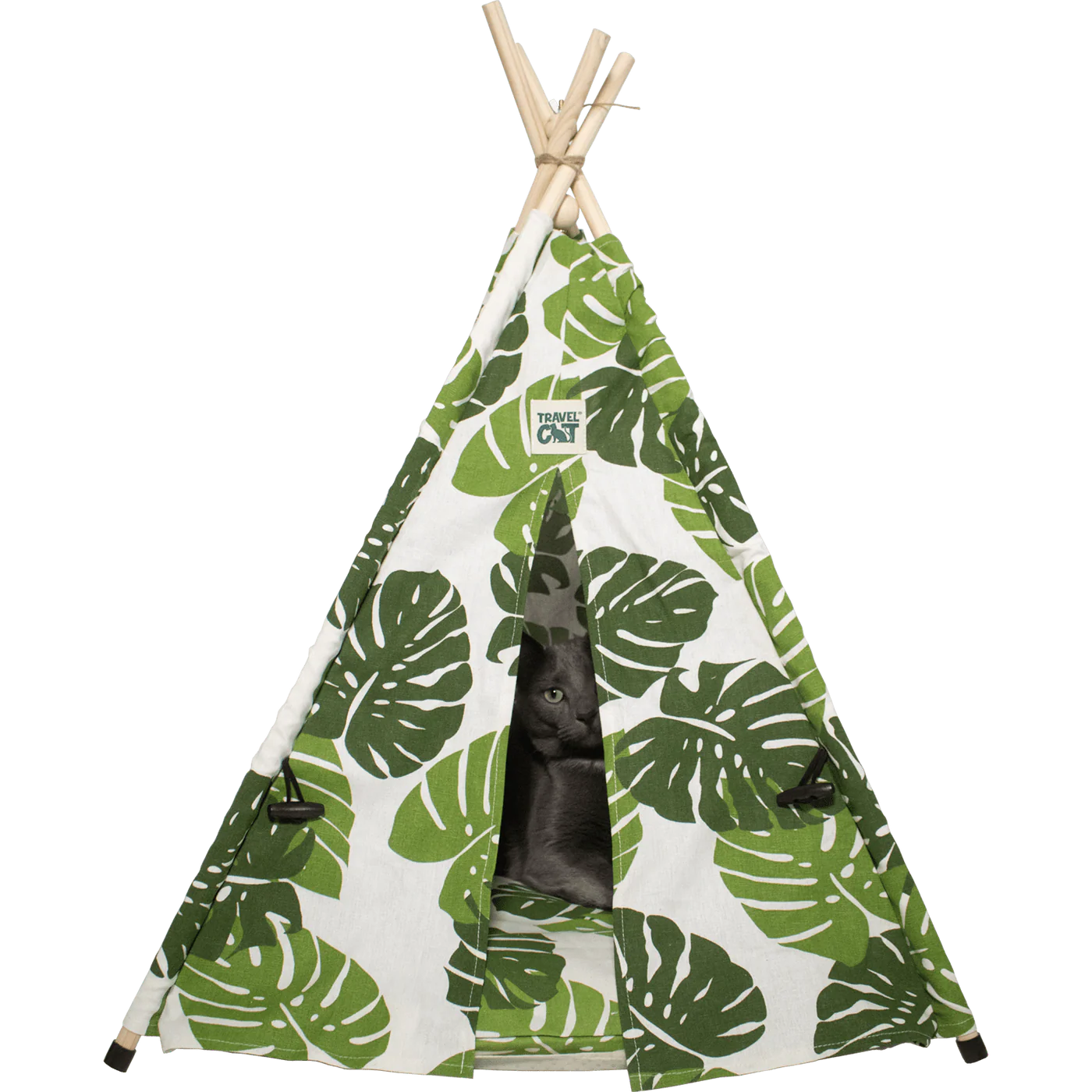 Travel Cat Monstera Cat Tent Bed with a grey cat inside