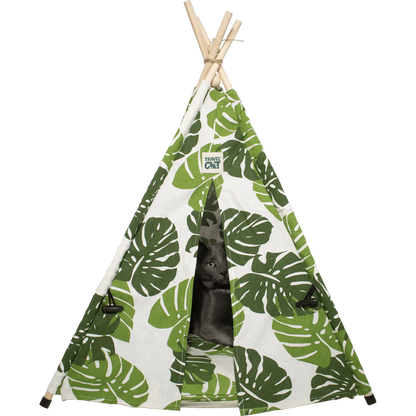 Travel Cat Monstera Cat Tent Bed with a grey cat inside