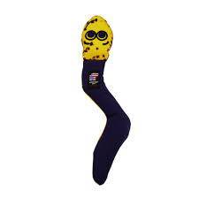 Yellow and blue worm toy with large eyes