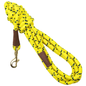 Yellow rope dog leash with black flecks, a brass snap hook, and brown leather accents