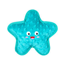 Blue starfish dog toy with a smiling face