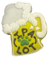 Beer mug shaped dog treat with IPA LOT text and paw print